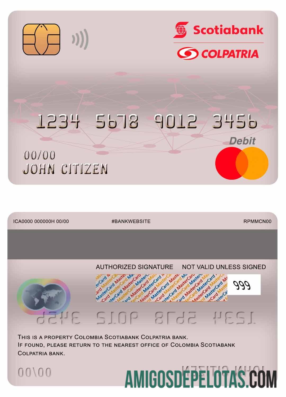 Cartão de débito mestre Colômbia Scotiabank Colpatria Bank exemplo